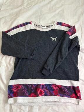Victoria's Secret Pink Charcoal Floral Varsity Pullover Sequin Logo L